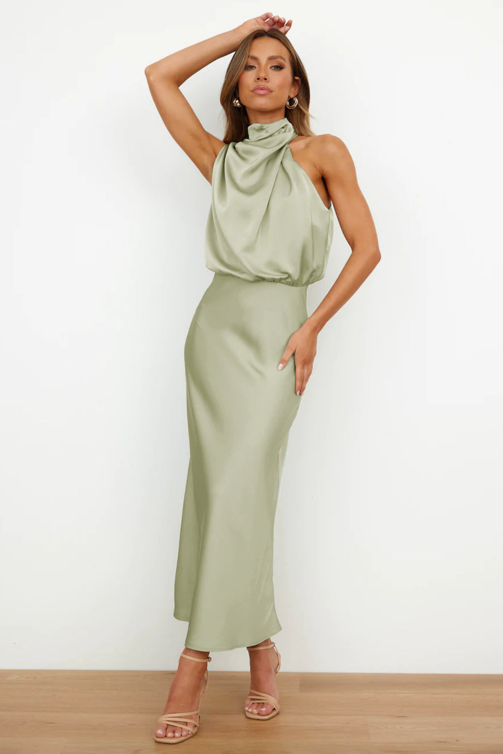 Satin maxi dress for women | Halter neckline | Open back | Elegant draping | Shiny finish