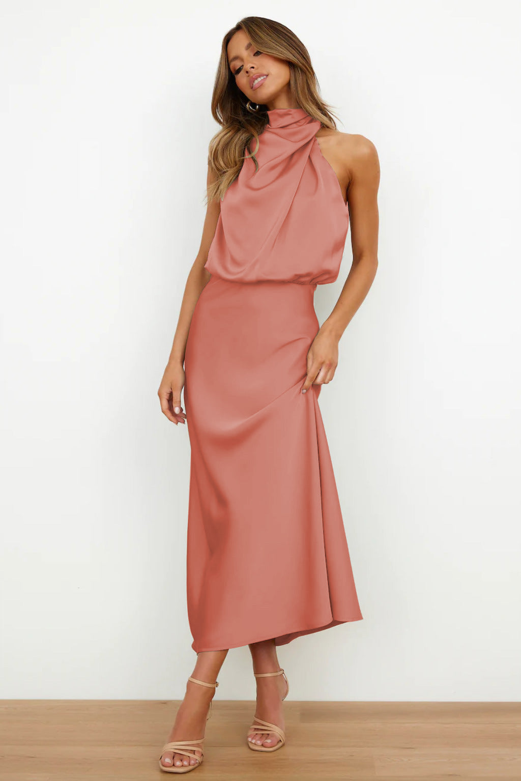 Satin maxi dress for women | Halter neckline | Open back | Elegant draping | Shiny finish