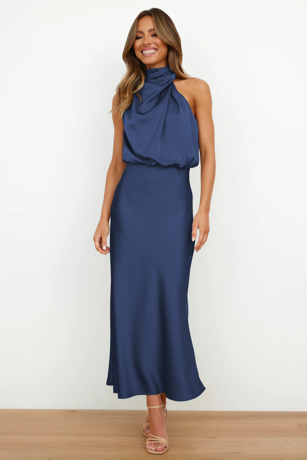 Satin maxi dress for women | Halter neckline | Open back | Elegant draping | Shiny finish