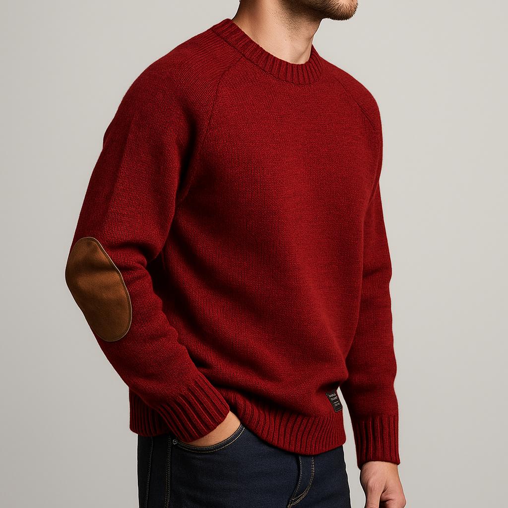 Men’s Crewneck Knit Sweater with Suede-Style Elbow Patches