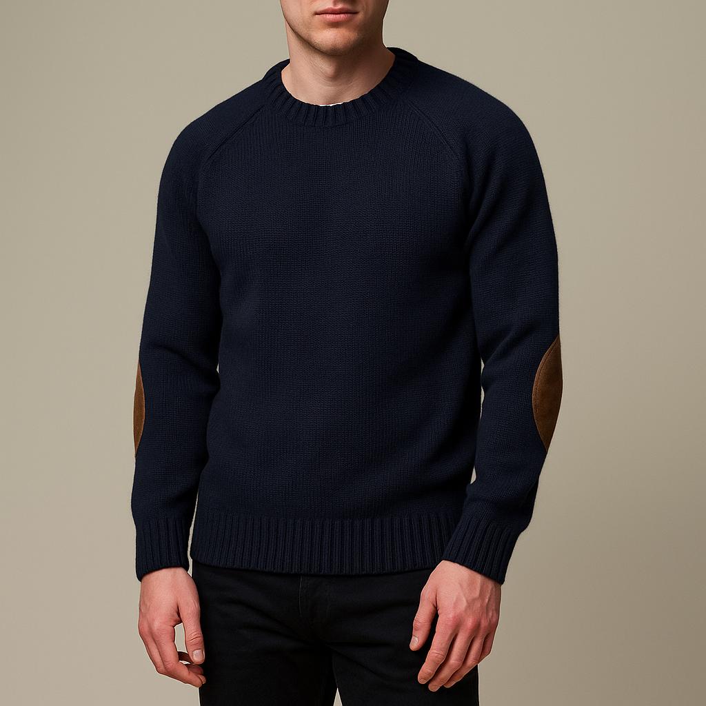 Men’s Crewneck Knit Sweater with Suede-Style Elbow Patches