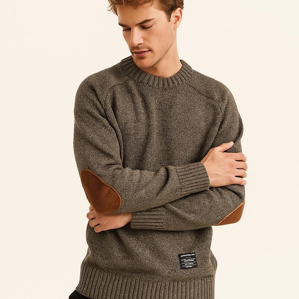 Men’s Crewneck Knit Sweater with Suede-Style Elbow Patches