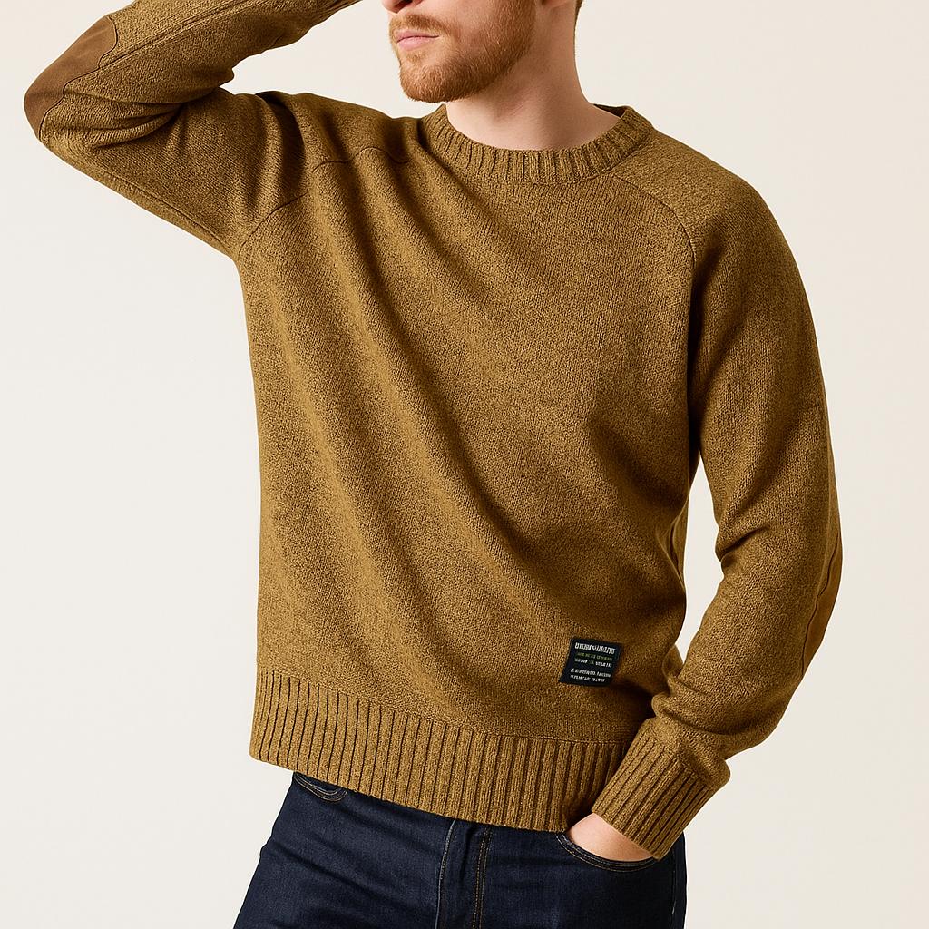 Men’s Crewneck Knit Sweater with Suede-Style Elbow Patches
