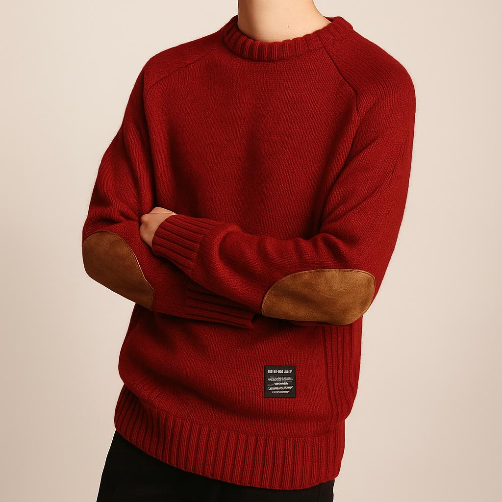 Men’s Crewneck Knit Sweater with Suede-Style Elbow Patches