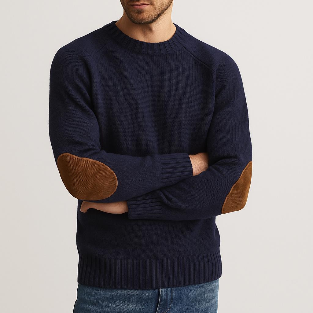 Men’s Crewneck Knit Sweater with Suede-Style Elbow Patches