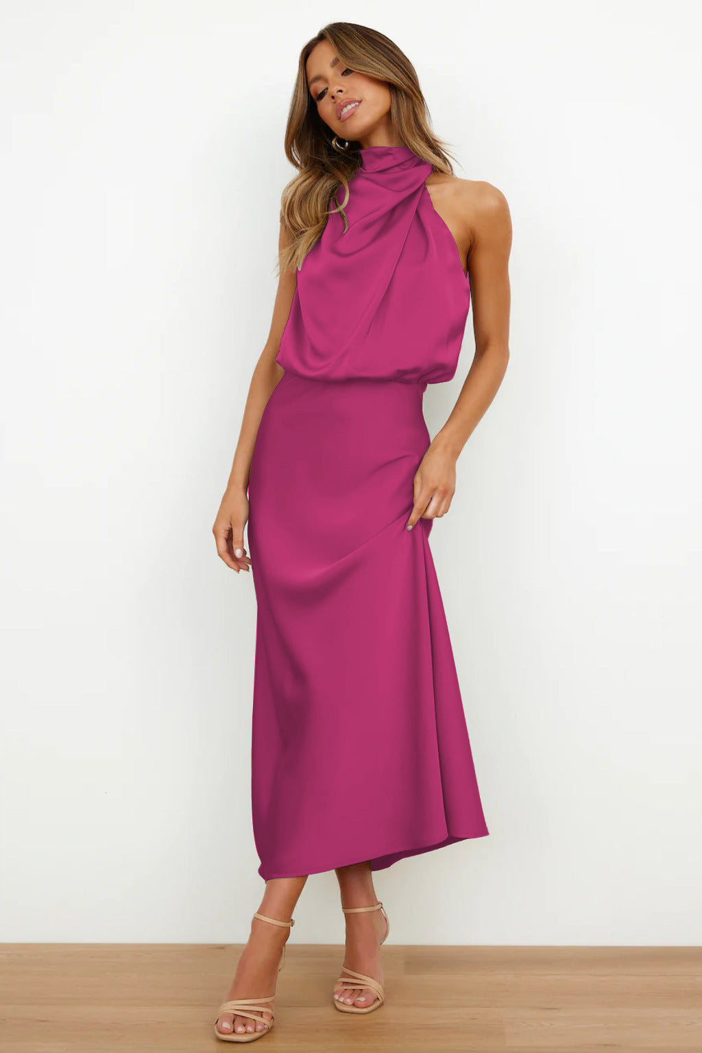 Satin maxi dress for women | Halter neckline | Open back | Elegant draping | Shiny finish